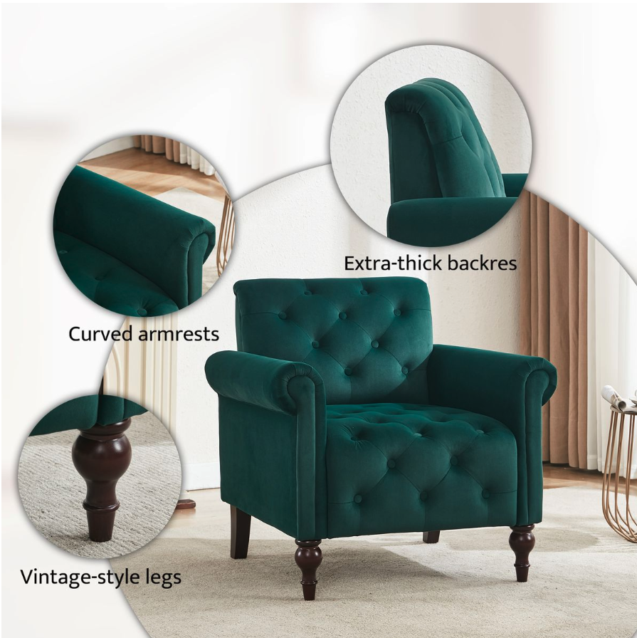 Green Vintage Style Accent Chair-Soft Breathable Velvet for Living Room - Image 5