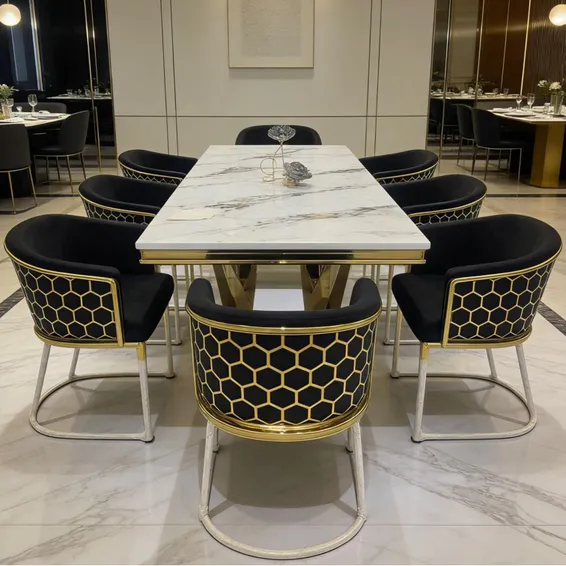 Madiega Furniture - Gold‑Honeycomb Marble Rectangle Dining Set - Image 2
