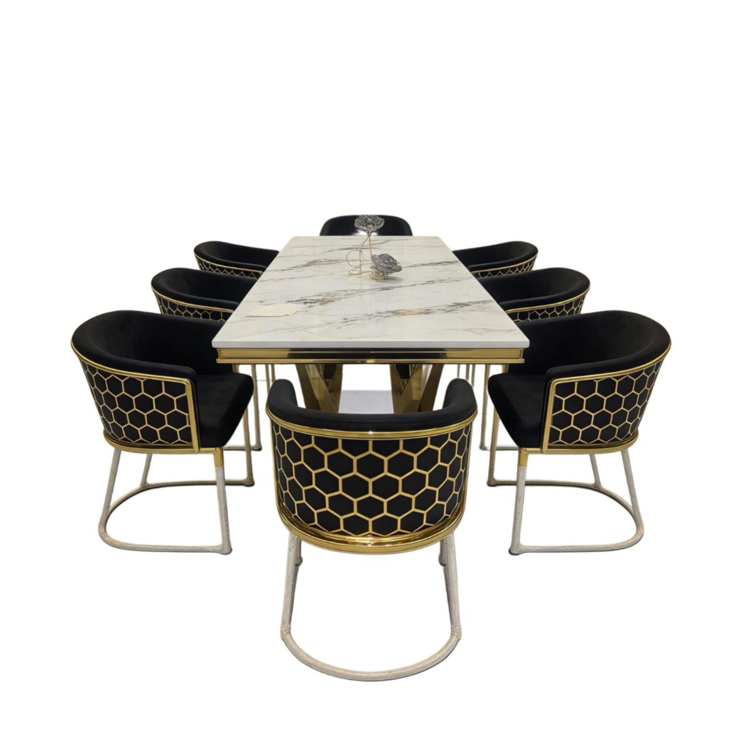 Madiega Furniture - Gold‑Honeycomb Marble Rectangle Dining Set