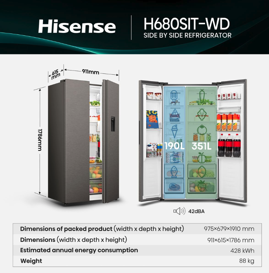 Hisense 541L No Frost Double doors Fridge with Water Dispenser-Inox - Image 9